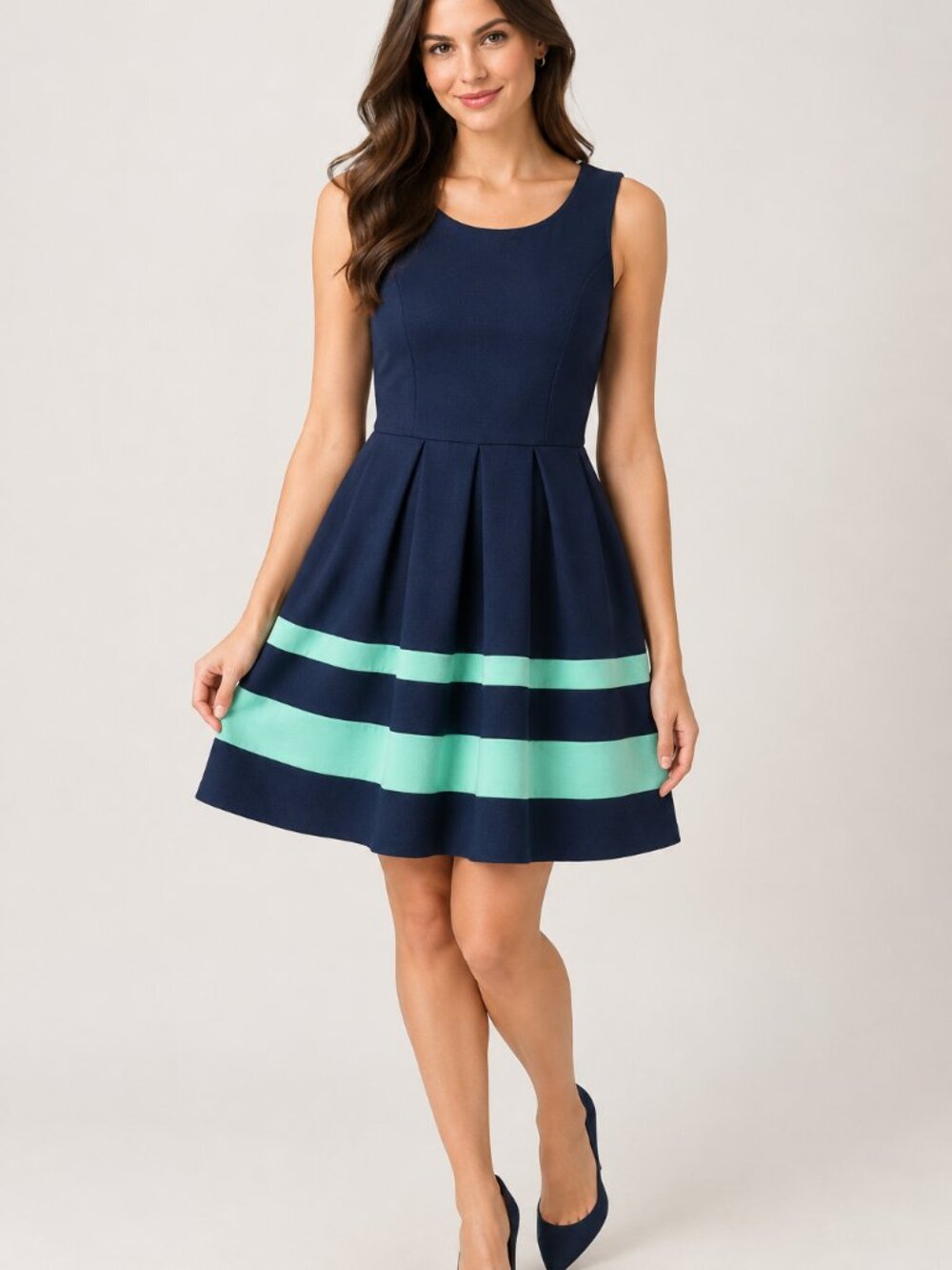 Iz Byer Navy and Mint Stripe Sleeveless Fit-and-Flare Dress Size Small